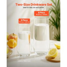 VEVOR 16 PCS Drinking Glasses Set 18.26 Oz 11.5 Oz Highball Cocktail Glassware