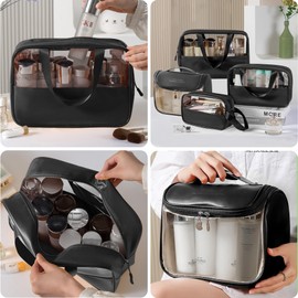 Portable Clear Travel Toiletry Bag - 4 Piece Waterproof PVC+PU Cosmetic Set for Men and Women - Full Size Essentials Bag Ideal for Holidays (Black)