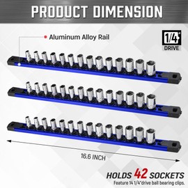 ALOANES 3-Piece Magnetic Socket Organizer, Heavy Duty Aluminum Socket Rails Organizer, 360° Swivel Clips Socket Holder Kit for Tool Box, 1/4-Inch Socket Holder x 42 Clips (Blue)