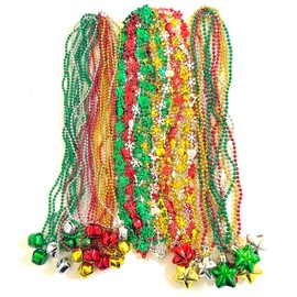 YSPPF 36 Pcs Christmas Tree Beads Necklaces Bulk Red Green Gold Silver Christmas Tree Holiday Party Beads Necklaces Party Supplies