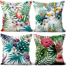 Aoihrraan Cushion Covers Set of 4, Tropical Summer Throw Cushion Cover Flamingo Leaf Flowers Pattern Soft Short Plush Square Cushion Cover for Sofa Couch Bedroom Car Chair Home Decor 50 x 50 cm