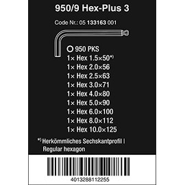 Wera L-Key Set for 950 Pks/9 Sm N Metric