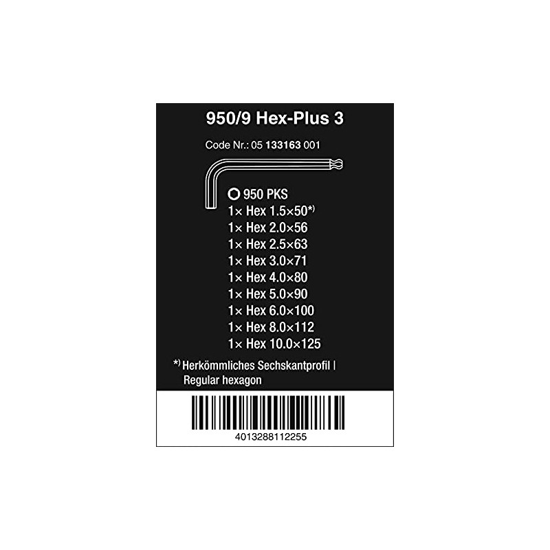 Wera L-Key Set for 950 Pks/9 Sm N Metric