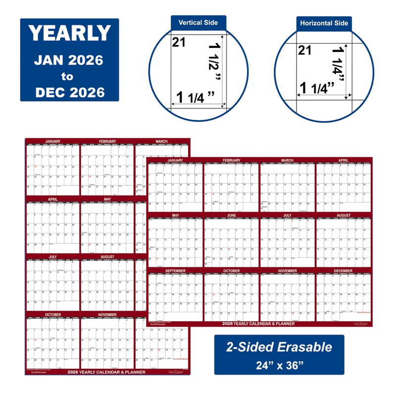 24" x 36" SwiftGlimpse 2026 Wall Calendar Erasable Large Wet
