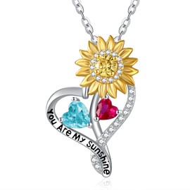 You Are My Sunshine Necklace Sterling Silver Sunflower Necklace for Women Aquamarine Ruby Necklace March July Birthstone Sunflower Pendant Jewelry Mother's Day Gifts for Women