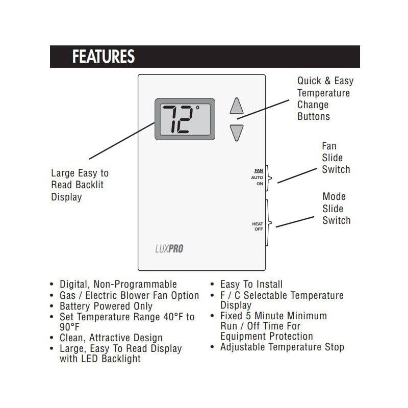 Lux Pro PSD010BF Digital Non-Programmable Thermostat for Home, Heat only