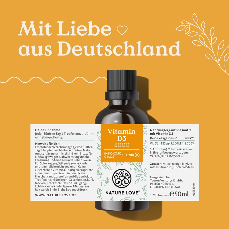 NATURE LOVE® Vitamin D3 1000 (50 ml Liquid), Laboratory-Tested 5000