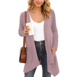 YGJIEGENG Long Sleeve Cardigan for Women UK Lightweight Solid Casual Open Front Draped Knit Duster Autumn Winter Oversize Long Cardigans Sweater with Pockets,Mauve,M