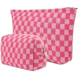 2 count Makeup Bag for Women Checkered  Bag Set Travel Toiletry Bag Makeup Pouch Cute Makeup Bag for Purse Zipper Storage Bag Brushes Aesthetic Accessories Girls   Bag(Light Blue) - Color: Rose red