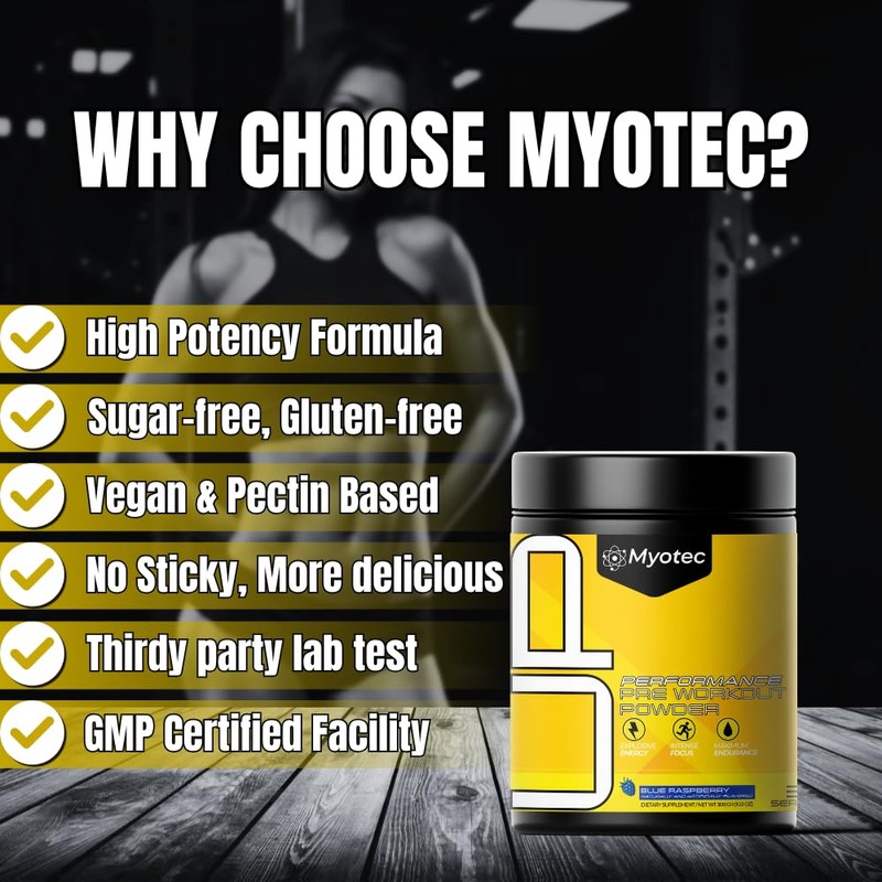 MYOTEC UP Mid Stimulant Pre Workout Powder, Energy Focus Pumps,