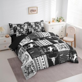 Western Cowboy Comforter Set 7 Pieces, Bull Skull Horse Arrow Print Bedding Twin, Black Grey Lattice Patchwork Bed Set with 1 Comforter,1 Fitted Sheet,1 Flat Sheet,2 Pillowcases,2 Throw Pillow Cover