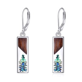 Wooden Earrings 925 Sterling Silver Wooden Abalone Pine Tree Dangle Earrings Nature Jewelry Gift for Skiers Hikers Campers Climbers and Nature Lovers