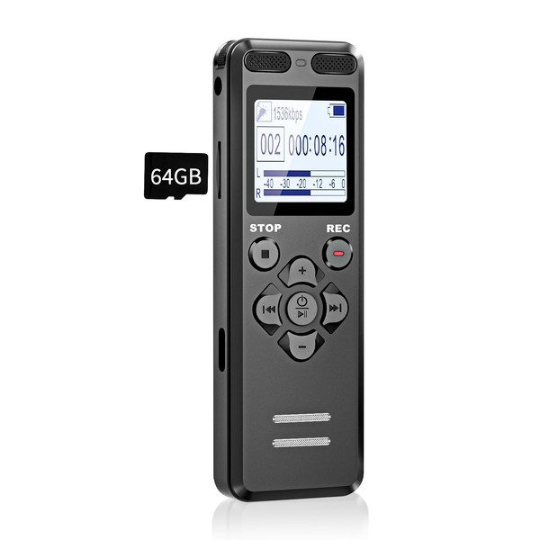 72GB Diktiergerät Digitale, Tonnlog 1536kbps Aufnahmegerät Sprachrekorder mit Wiedergabe, USB-C
