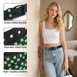 SNCEAW Studded Belt, Metal Punk Rock Rivet belt with Bright Pyramid Studded for Women Men (Green, Fit Pant 35-40 inch)