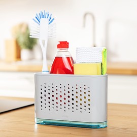 Minky Homecare Slim Caddy-Sponge Holder for Kitchen-Slimline Design Fits Anywhere Sink Organizer with Separate Brush Compartment, Removable Tray and Drainage Spout-Made in UK, One Size, Light Grey
