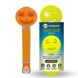 The Original Smiling Handle with Soap Dispensing & 3 Yellow Scrub Moji Sponges - Combo - Color: Orange