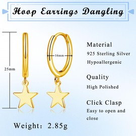 Zolkamery Hoop Earrings Silver Hanging for Women, 925 Sterling Silver Hoop Earrings with Cubic Zirconia, Hypoallergenic Drop Earrings with Star Cross Beads Pendant, Hoop Earrings with Gift Box,