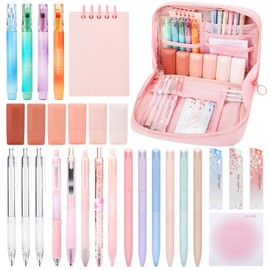 ESSALOO Pack of 31 Aesthetic School Supplies with Pink Pencil Case, 4 Highlighters, 11 Gel Pens, 3 Mechanical Pencils, 1 Keyring, 1 Book with Sticky Notes, School Stuff for Teenage Girls & Clean Girl