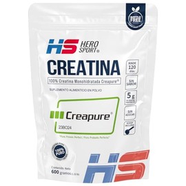HS HERO SPORT Creatina Monohidratada Micronizada Creapure® 600g. 100% Pura. Creatina Alemana Creapure®. Vegana, 160 porciones, 5g por porción, Pre Ent