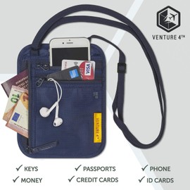 VENTURE 4TH Slim Passport Holder Neck Pouch with RFID Blocking Travel Neck Wallet and a Nylon Lining (Navy)