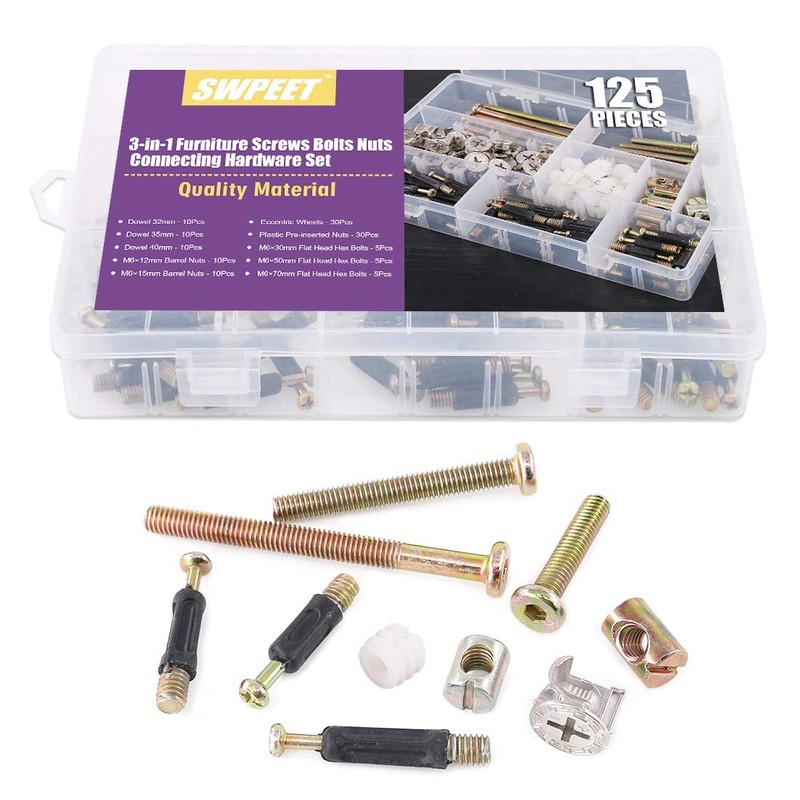 125Pcs 3 in 1 Furniture Crib Hardware Screws Connecting Fittings