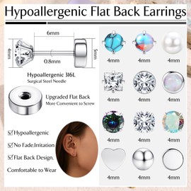 JeweBella 12 Pairs Flat Back Earrings Surgical Steel Earrings Studs for Women Men Hypoallergenic Stud Earrings 20G Cartilage Earrings Moonstone Opal CZ Turquoise Sleeper Earrings for Sensitive Ears