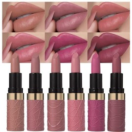 evpct- Juego de 6 pintalabios mate color piel, marrón, rosa, morado, rojo, malva, para mujer, de terciopelo, de larga duración                        