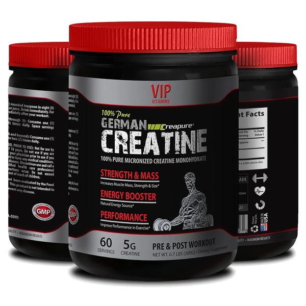 VIP VITAMINS Natural Bodybuilding Supplements - German CREATINE CREAPURE Powder - PRE & Post Workout - German creatine monohydrate - 1 Can 300 Grams (60 Servings)