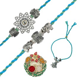 Rakhi For Brother Set of 3 Rakhi for Bhai Bhaiya Veera Rakhi Thread Bracelet Dora for Gift Pack with Tilak Holder Copra Flower Design Kumkum Plate Platter for Indian Traditional Festival