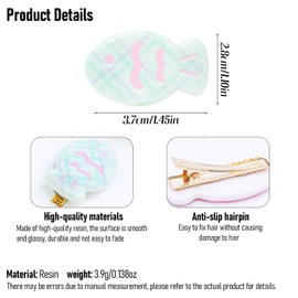 6 Pcs Small Fish Hair Clips Glossy White Resin Snap Hairpin Cute Purple & Green Checkered Pattern Metal Hair Barrettes for Women Headwear Styling Summer Decor