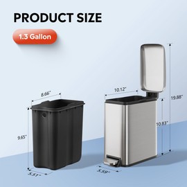 WLIVE 1.3 Gallon / 5 Liter Bathroom Trash Can with Lid, Small Stainless Steel Garbage Can, Slim-Shaped Trash Bin with Step Pedal for Home and Office, Silver.
