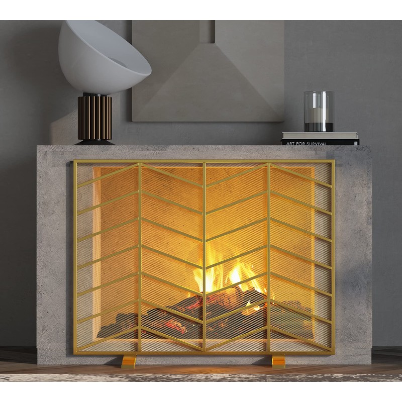 Fire Beauty Single Panel Handcrafted Wrought Iron Mesh Chevron Fireplace