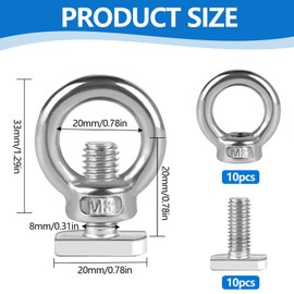 Pack of 10 Ring Nuts M8, Ring Bolts M8 × 20 mm 304 Stainless Steel Ring Eyelets with 10 T-type Screw for Trailer Lifting Accessories Ornaments Flower Pots Swing Stand etc