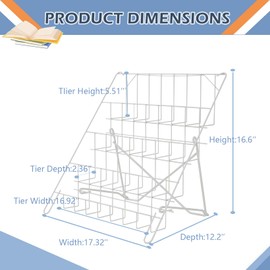 NEESEEYEE Wire Magazine Rack with 4 Open Tiers, Holds Both Magazines and Brochures, Includes Sign Channel at the Front - White Wire