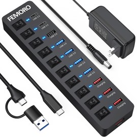 Powered USB Hub 3.2, 11-Port [USB C/USB 3.2(10Gbps)*3+USB3.0(5Gbps)*4+USB Power-only*4] with 12V 4A Power Adapter Individual Switches Dessign Multiport Expander for Laptop PC Smartphone External SSD