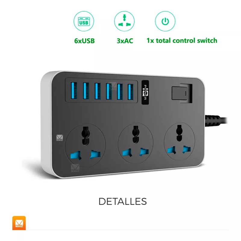Maíz Multicontacto Cargador Barra Usb Supresor Picos Escritorio