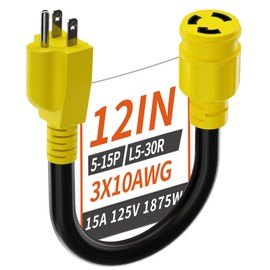 PlugSaf 3 Prong 15 Amp to 30 Amp RV Generator Adapter Cord, NEMA 5-15 Male Plug to NEMA L5-30 Female Plug, 12 Inch(1 FT) 10 Gauge STW Heavy Duty Power Cord, Max 15A 125V 1875W, Yellow, ETL Listed