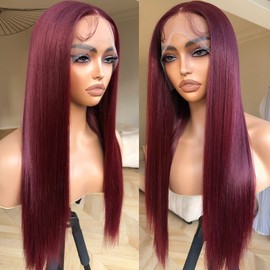 BrownBomb Straight Lace Front Wig Pre Plucked, Synthetic Lace Front Wig Pre Plucked, HD Glueless Wigs 13X5X1 Lace Wigs for Women 180 Density 26inch (Burgundy99J, 26)