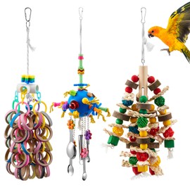 Seenelling 3 Pcs Extra Large Bird Parrot Toy Multicolored Natural Wooden Parrot Cage Chewing Toys for Large Medium Macaws Cockatoos African Grey Birds(Ring and Ball)