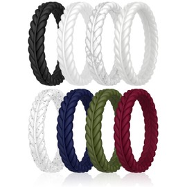 ThunderFit Silicone Wedding Rings for Women, Braided Pattern Engagement Bands 4.6mm Wide 2.2mm Thick - 1/8/9 Variety Multipack (Pack J, Size 6.5-7 (16.95mm))