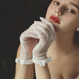 Acenail Lace Gloves White Women’s Wedding Gloves Floral Short Bridal Gloves Elegant Summer Gloves Evening Tea Party 20s Opera Gloves (#1 White)