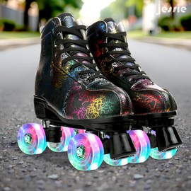 Women Roller Skates Classic High-top Outdoor Skate Roller Light-Up Four-Wheel Roller Skates Shiny Roller Skates for Adult Women Men Yoth with Shoe Bag (Black Flash Wheel,41=US: 7.5)