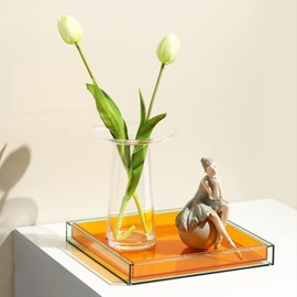 Creative Acrylic Decorative Tray Modern Decorative Trays Jewelry Perfume Makeup Organizer Clear Square Bathroom Sink Vanity Tray for Bathroom, Vanity, Serving, Coffee Table, Living Room (Orange)