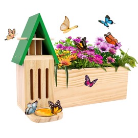 Butterfly House and Feeder with Flower Pot, Wooden Butterfly House for Garden, 3 in 1 with Drainage Holes, Natural Butterfly Habitat for Garden Decoration | RGJ