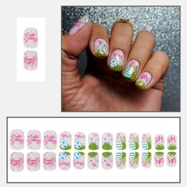 Easter Press on Nails Short RIICFDD Square Fake Nails Colorful Nails Press ons Green Garden Glue on Nails Full Cover Colorful Eggshell Bunny Stick on Nails for Women Nail Art Decoration 24 Pcs