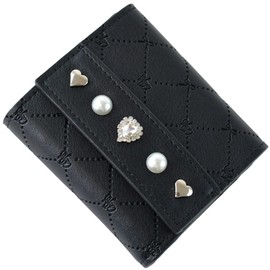 SecretDoor Trifold Wallet, Women's, Mini Wallet, Small Wallet, Cute, Compact, Foldable, Easy to Use, Large Capacity, Coin Pocket, Stylish, Cute, Bijou, Pearl, Quilt, Heart, Black
