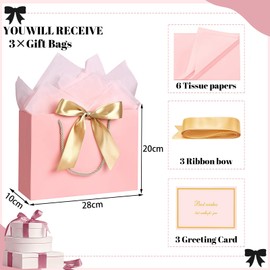 3Pcs Medium Gift Bags for Present 20 x 10 x 28 cm,Medium Pink Gift Bag with Handle 6 Wrappers Tissue Papers and 3 Cards,Bow Ribbon Birthday Party Bags for Bridesmaid Wedding Christmas Valentines