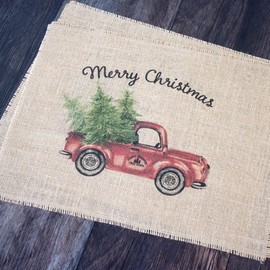 Christmas Holiday Burlap Placemats - Set of Two Place Mats Farmhouse Xmas Table Decorations, Rustic Winter Decor (Vintage Red Truck Merry Christmas)