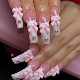 Curved Nail Tips Long Press on Nails French Tip False Nails with 3D Pink Bow Designs Fake Nails Curved Rhinestones Stick on Nails Glossy Artificial Nails for Women 20pcs