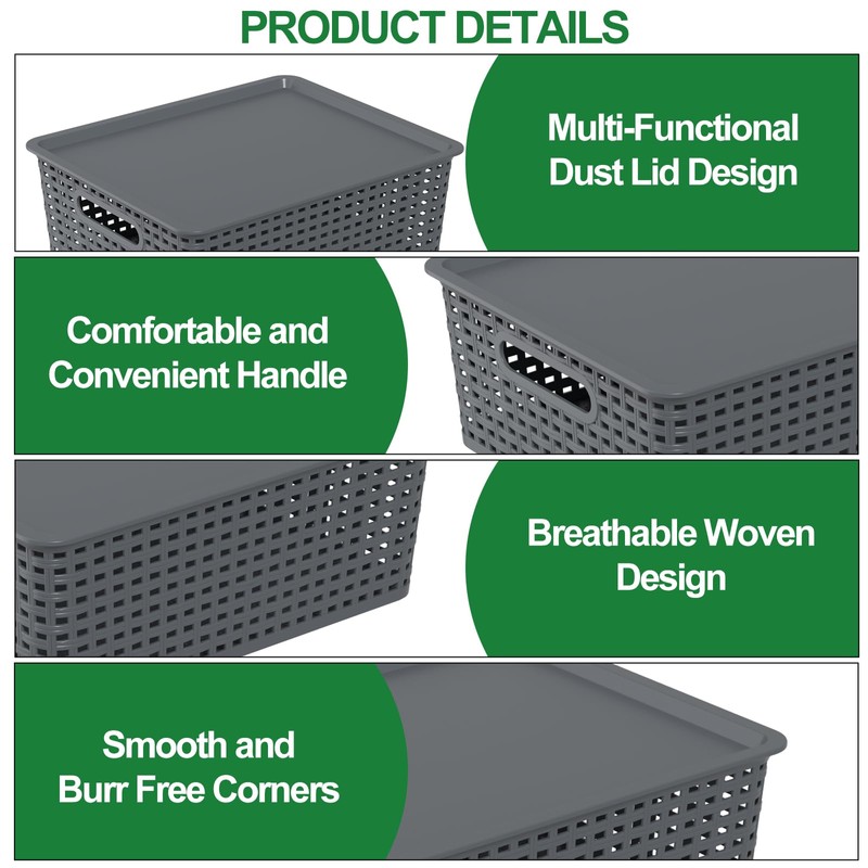 Idotry Plastic Storage Baskets with Lids, Organizer Bins, 6-Pack, Gray